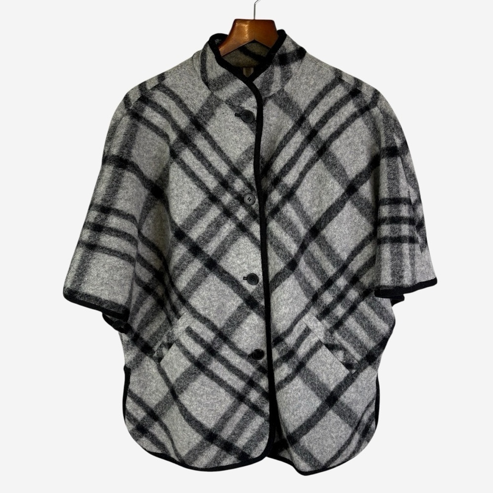 Talbots Wool Blend Gray Plaid Button Up Cape Poncho Coat XS Oversized - Picture 7 of 12